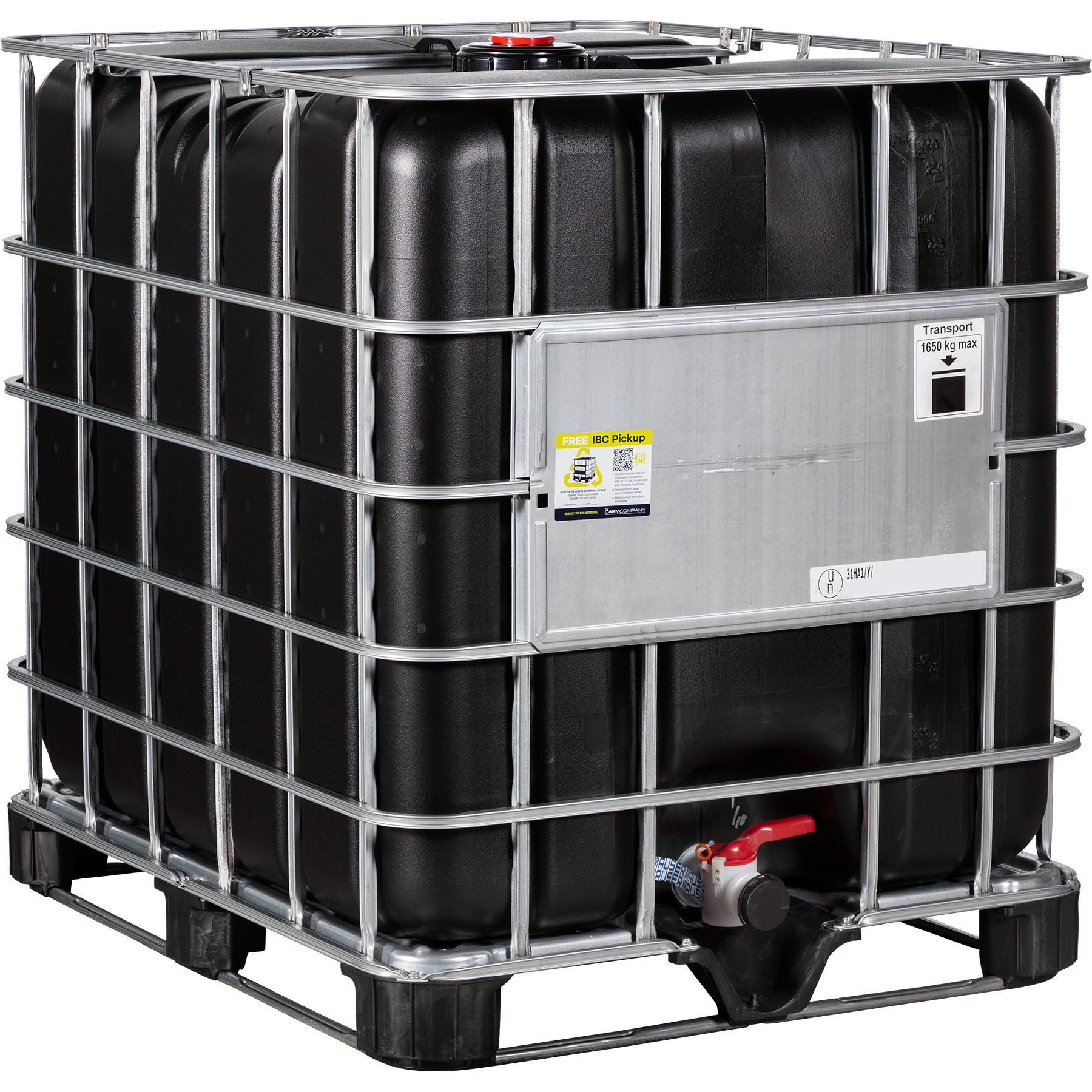 26w2bt_1 275 Gallon Black IBC Tote, Rebottled, UN Rated, 2" Camlock Valve, Steel/Composite Pallet - Image 1