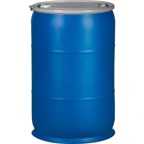 57 Gallon Blue Plastic Drum, UN Rated, 2" & 3/4" Fittings, Cover w/Lever Lock Ring Closure