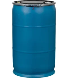 57 Gallon Blue Plastic Drum with Black Lever Lock Cover UN Rated 2 Inch and 3/4 Inch Fittings | Titanic Drums & IBC Tanks