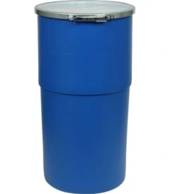 15gal blue plastic drum taper sided un rated cover with metal lever lock 99g278 1