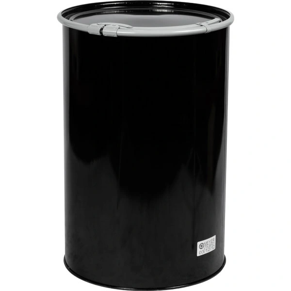 26w55s_1_6 55 Gallon Steel Drum, Black, Straight Sided, Unlined, 20GA, Cover w/Lever Lock Ring - Image 1