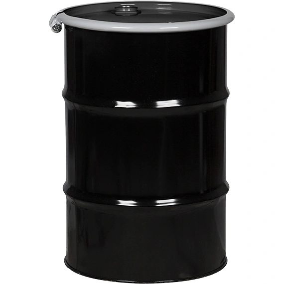 26wm3d_1 30 Gallon Steel Drum, Black, UN Rated, Mocha Lined, Black Cover w/Bolt Ring, 2" & 3/4" Fittings - Image 1