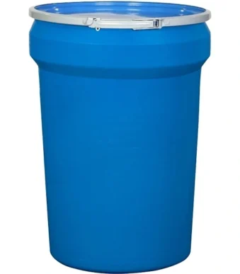30gal blue plastic drum taper sided un rated cover with metal lever lock 99g334