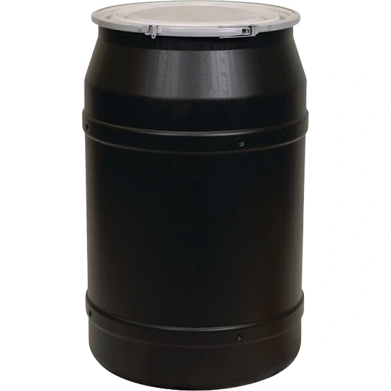 55-gallon-black-plastic-drum_un-rated_cover-with-metal-lever-lock_56be5k_1 55 Gallon Black Plastic Drum, UN Rated, Cover w/Metal Lever Lock - Image 1
