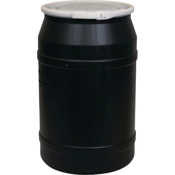 55-gallon-black-plastic-drum_un-rated_cover-with-plastic-lever-lock_56bs5k_1 55 Gallon Black Plastic Drum, UN Rated, Cover w/Plastic Lever Lock - Image 1