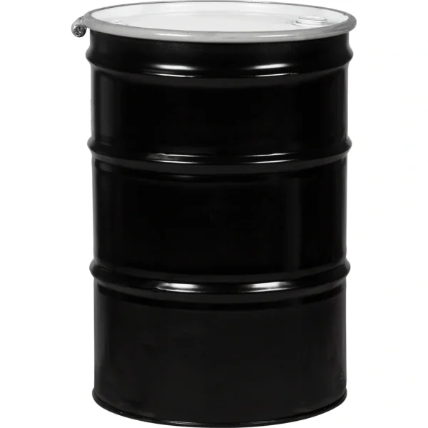 55 Gallon Steel Drum, Black, UN Rated, Lined, Cover w/Bolt Ring, 2" & 3/4" Fittings