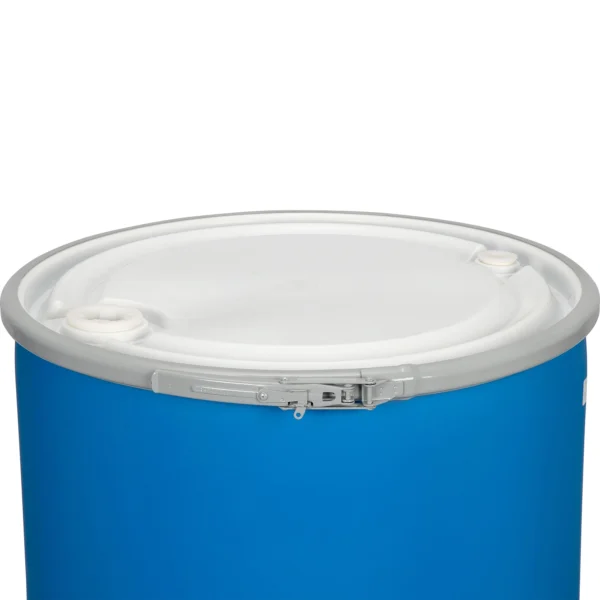 55 Gallon Blue Plastic Drum, Straight Sided, UN Rated, Cover w/Metal Lever Lock, 2" & 3/4" Fittings