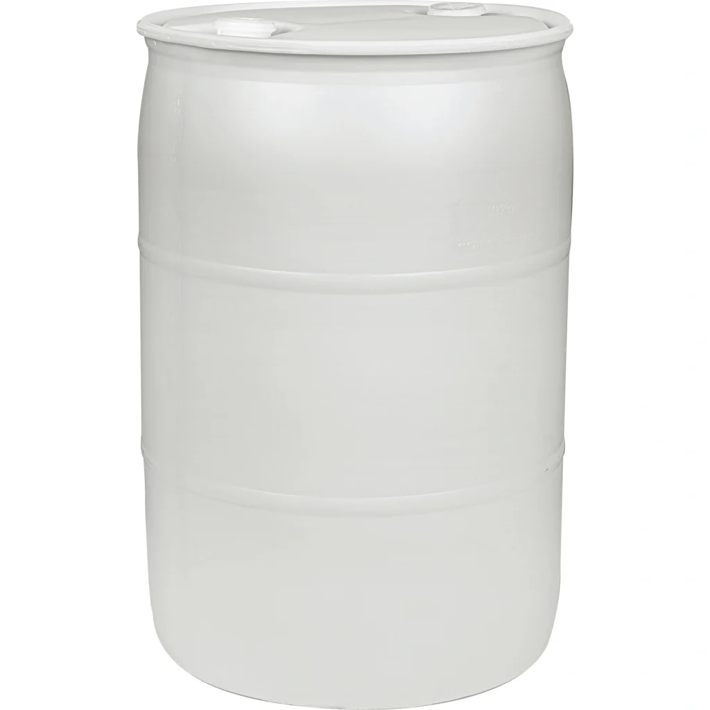 55 gallon natural tight head plastic drum un rated 2 inch npt inch and 2 inch buttress fittings 56wgn