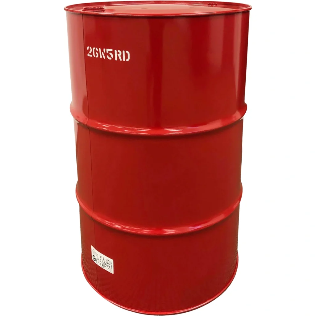 55 gallon red tight head steel drum un rated 2 inch and 0.75 inch fittings unlined 26w5rd 1