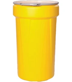 55 gallon yellow plastic drum taper sided un rated cover with metal lever lock 56bl5y 1