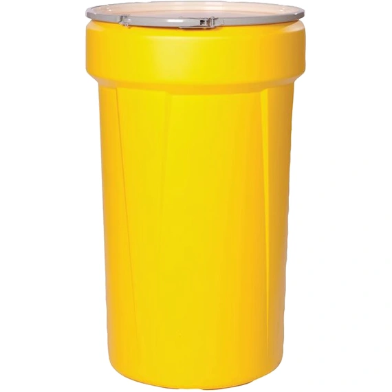 55-gallon-yellow-plastic-drum_taper-sided_un-rated_cover-with-metal-lever-lock_56bl5y_1 55 Gallon Yellow Plastic Drum, Taper Sided, UN Rated, Cover w/Metal Lever Lock - Image 1