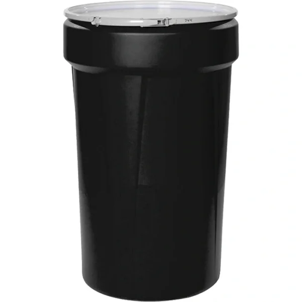 55 Gallon Black Plastic Drum, Taper Sided, UN Rated, Cover w/Metal Lever Lock, 2" & 3/4" Fittings