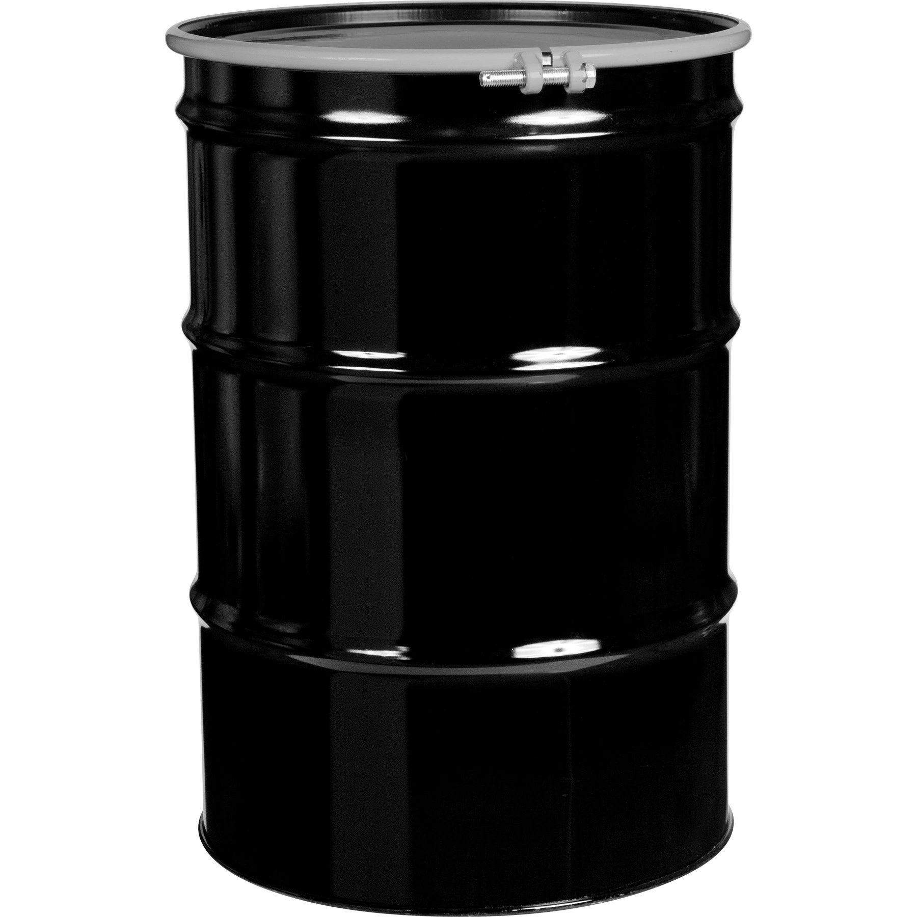 55-gallon_steel-drum_black_un-rated_lined_20-gauge_cover_bolt-ring_26wb55_1 55 Gallon Steel Drum, Black, UN Rated, Lined, 20GA, Cover w/Bolt Ring - Image 1