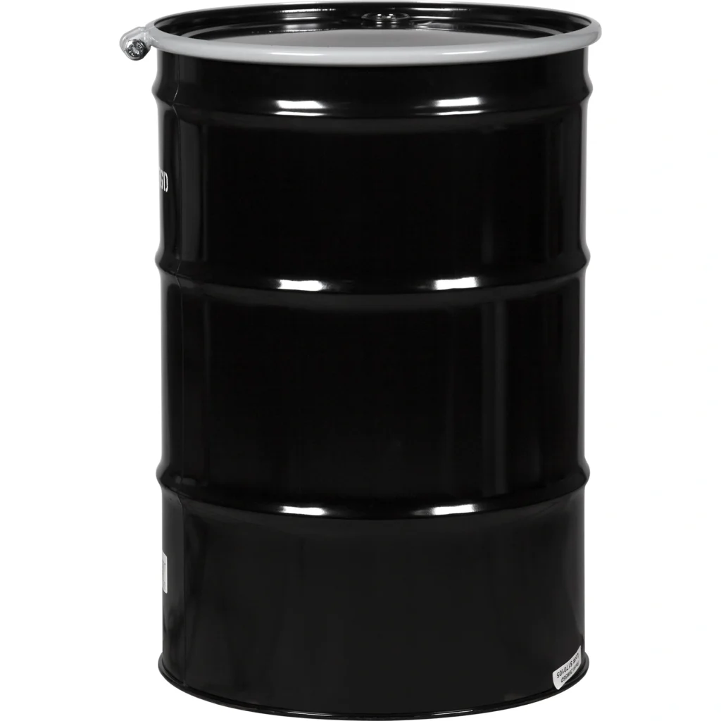 55 gallon steel drum black un rated unlined 20 gauge cover with bolt ring 2 22 and 3 4 22 fittings 26w56d