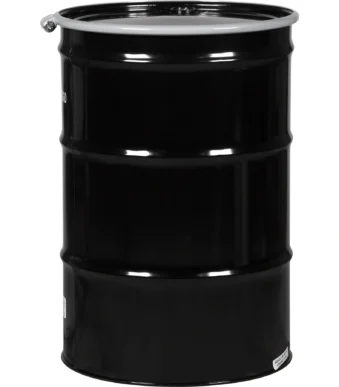 55 gallon steel drum black un rated unlined 20 gauge cover with bolt ring 2 22 and 3 4 22 fittings 26w56d