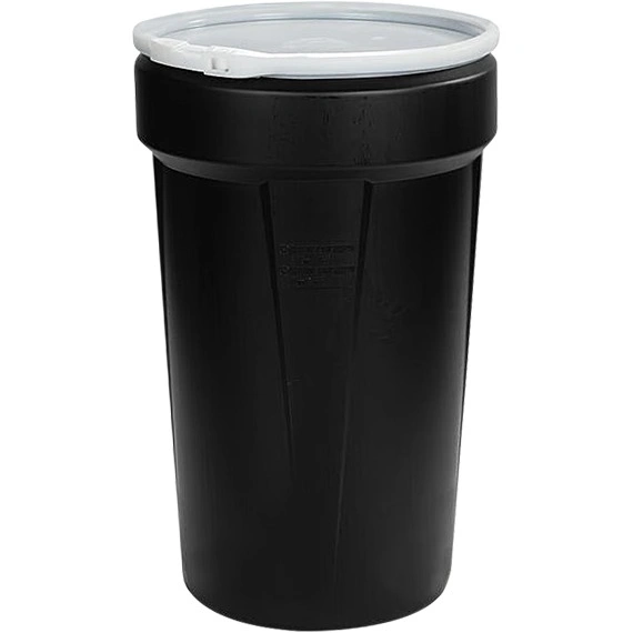 55gal-black-plastic-drum_taper-sided_un-rated_cover-with-plastic-lever-lock_56bt5k_1 55 Gallon Black Plastic Drum, Taper Sided, UN Rated, Cover w/Plastic Lever Lock - Image 1