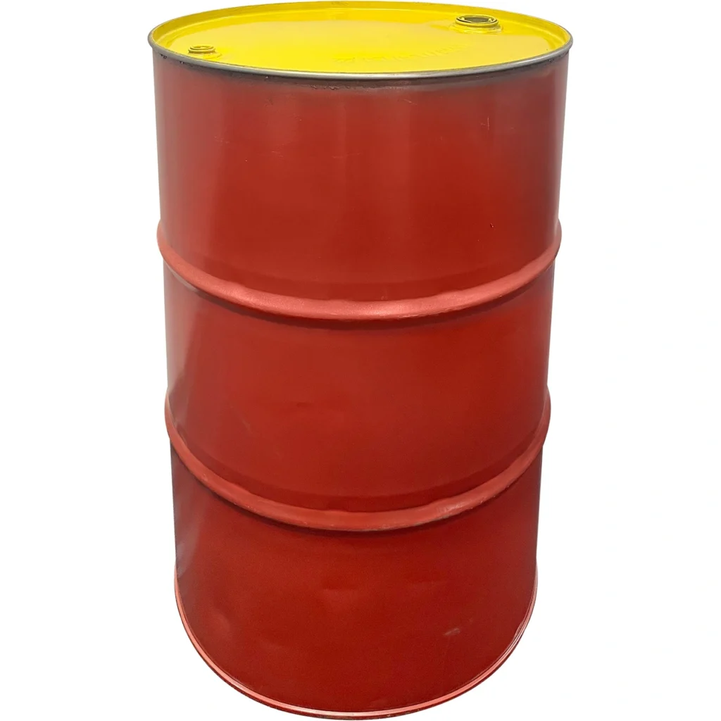 55gal red yellow tight head steel drum reconditioned 2in and 0.75in fittings unlined 26wry4 1