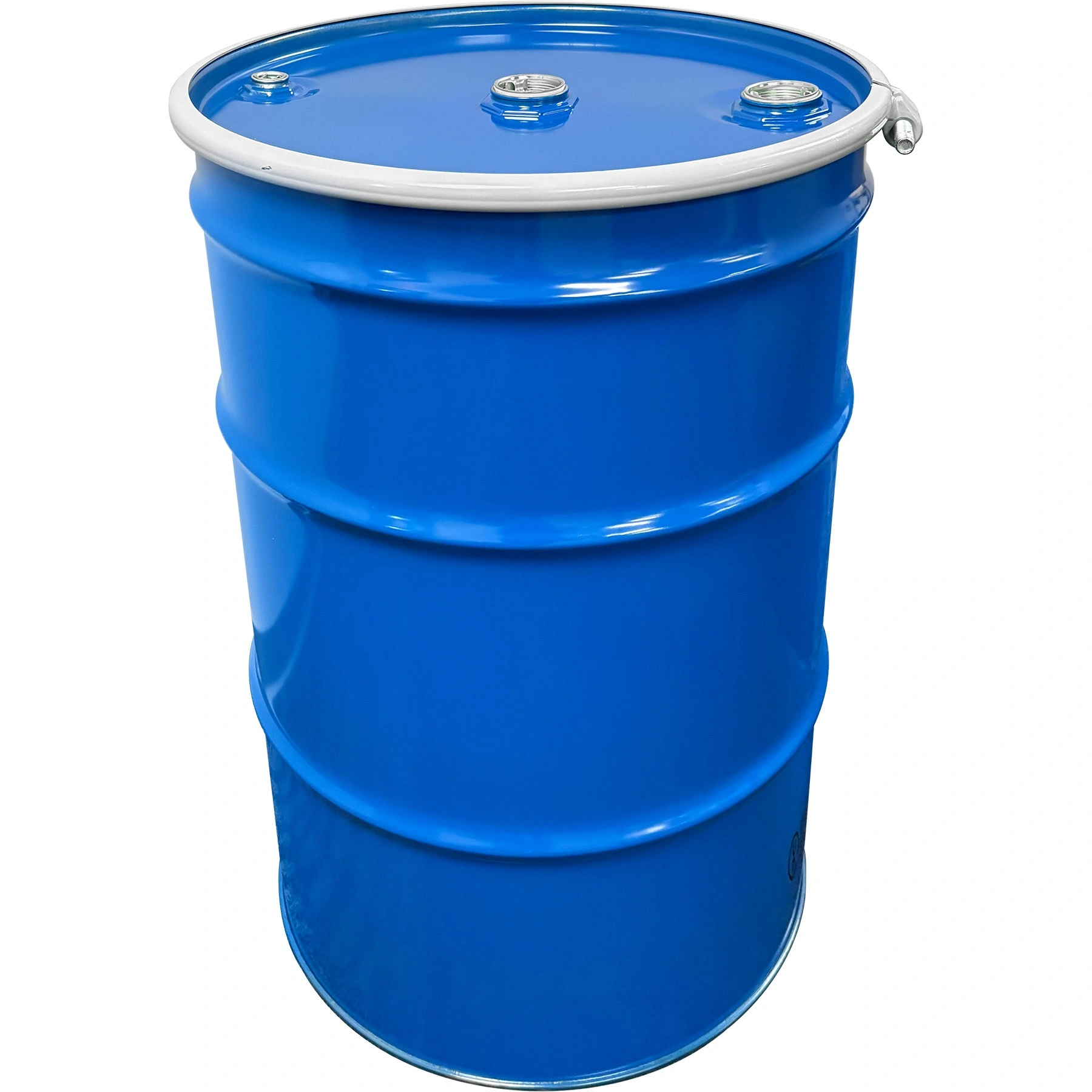 55gal-steel-drum-blue_un-rated_unlined_blue-cover-with-bolt-ring_two-2in-fi 55 Gallon Steel Drum, Blue, UN Rated, Unlined, Blue Cover w/Bolt Ring, Two 2" Fittings & One 3/4" Fitting - Image 1