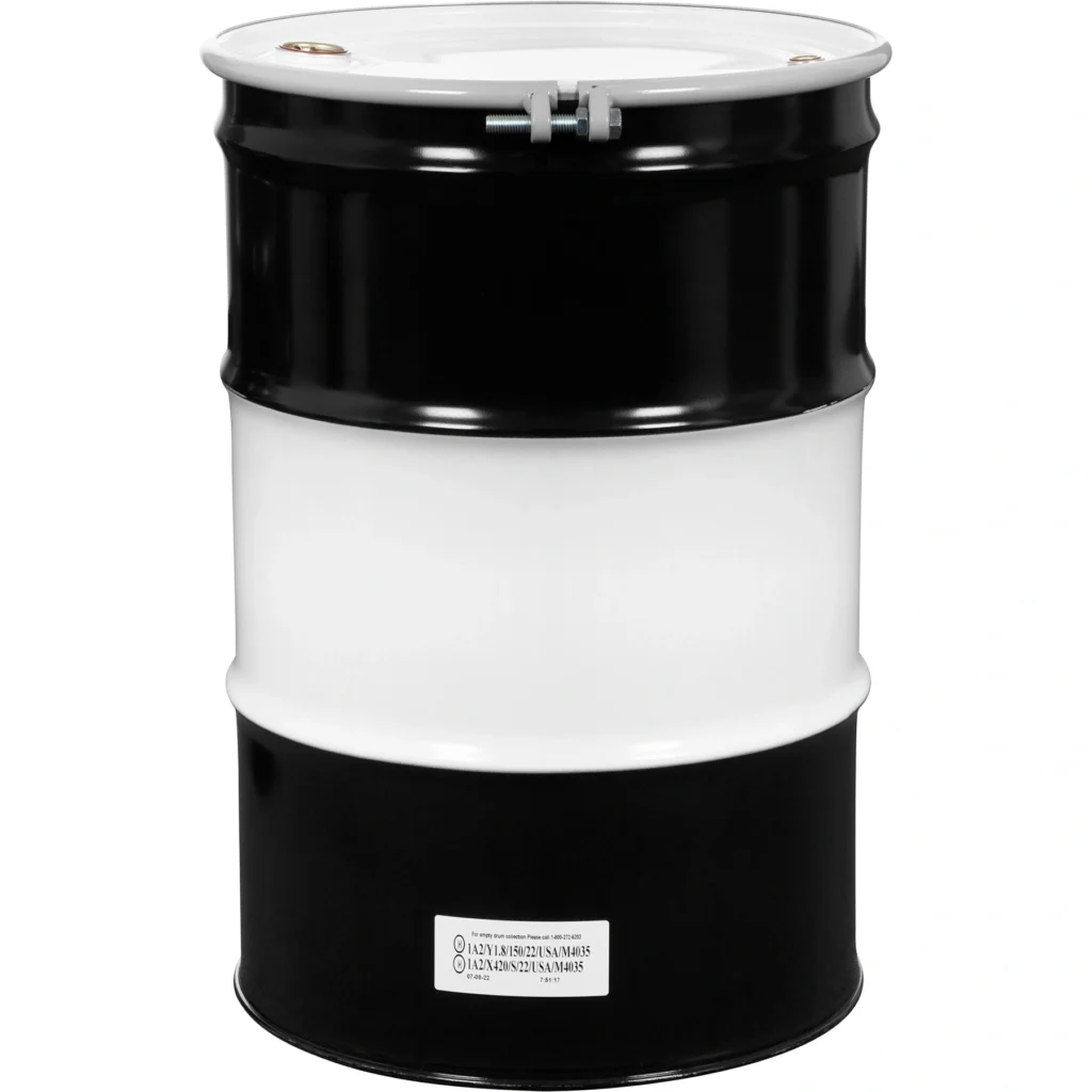 55gal steel drum un rated lined cover with bolt ring 2in and 0.75in fittings 26wy5g 1